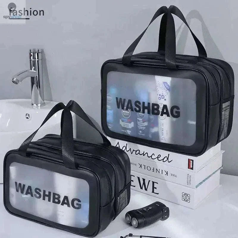 Transparent Dry-Wet PU Makeup Bag with Dual Compartments-Medium pink