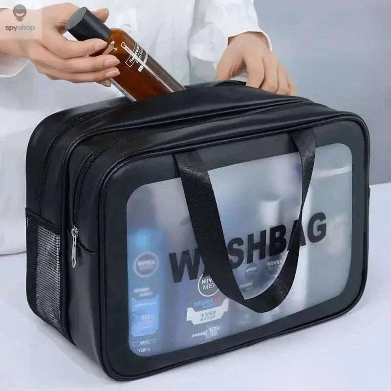 Transparent Dry-Wet PU Makeup Bag with Dual Compartments-Medium pink
