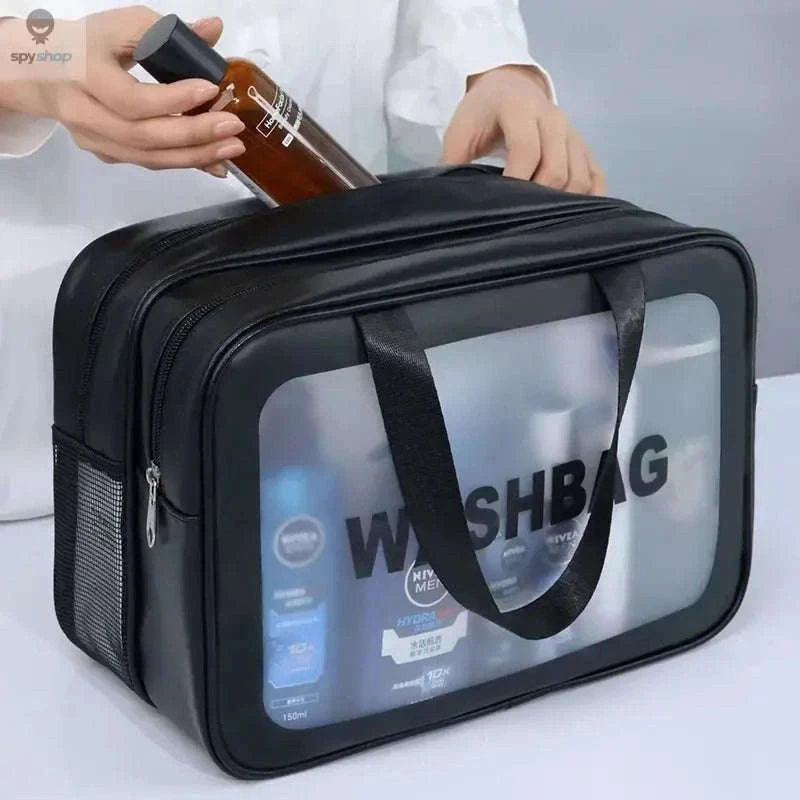 Transparent Dry-Wet PU Makeup Bag with Dual Compartments-Medium pink