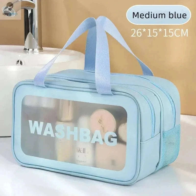 Transparent Dry-Wet PU Makeup Bag with Dual Compartments-Medium pink