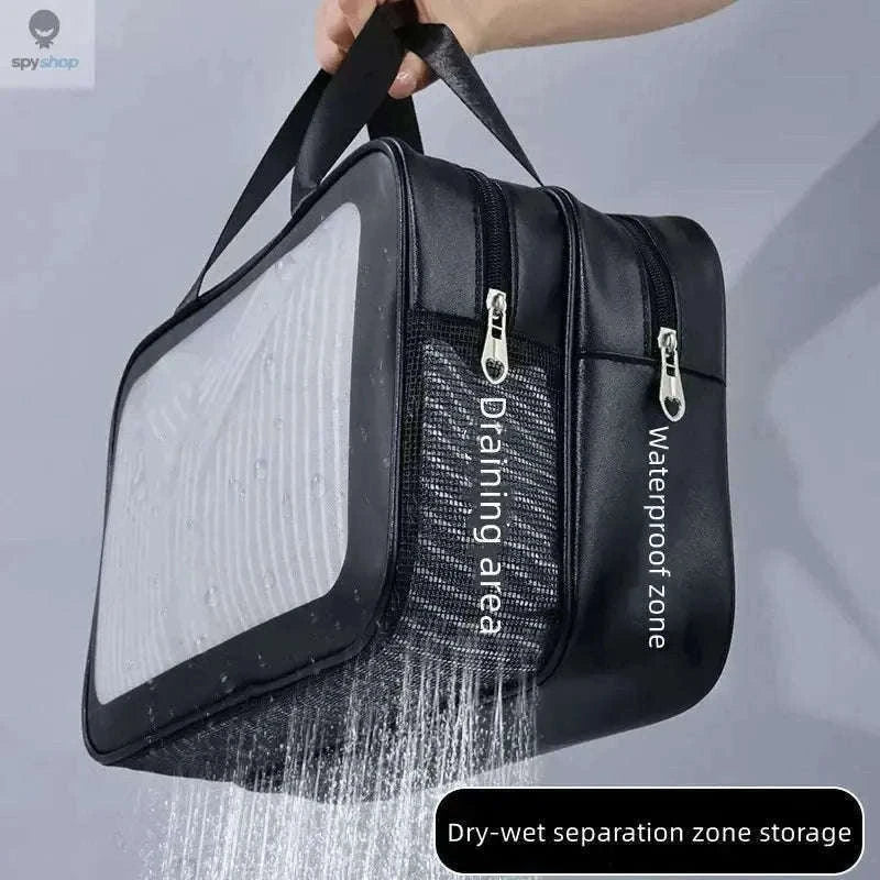 Transparent Dry-Wet PU Makeup Bag with Dual Compartments-Medium pink