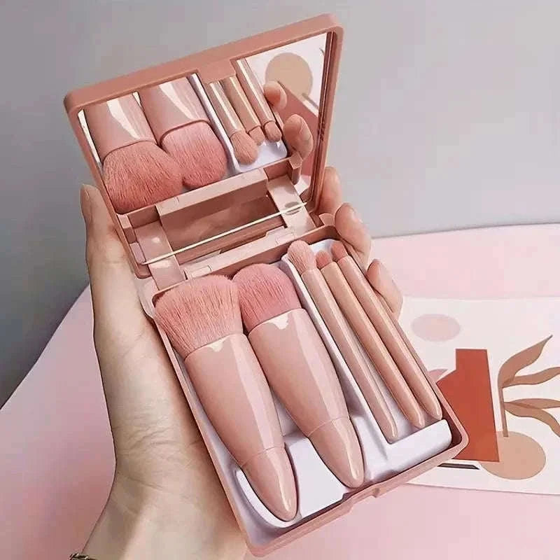 Travel Makeup Brushes Set with Mirror, 5-Piece Mini Kit-Green