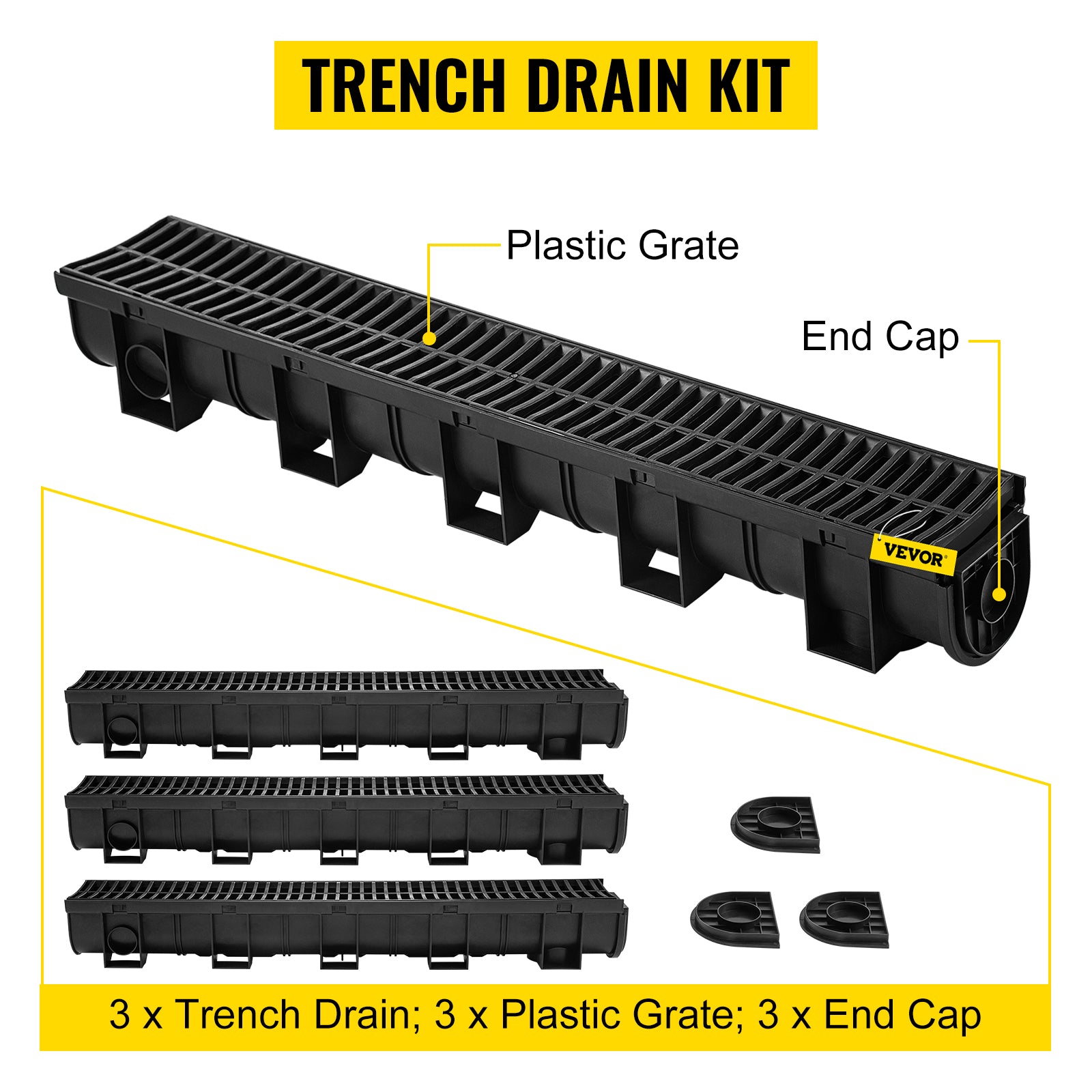 SucceBuy Drainage Trench Driveway Channel Drain With Plastic Grate 3-5 Pack HDPE Floor Drain Trench Drain Grate For Garden