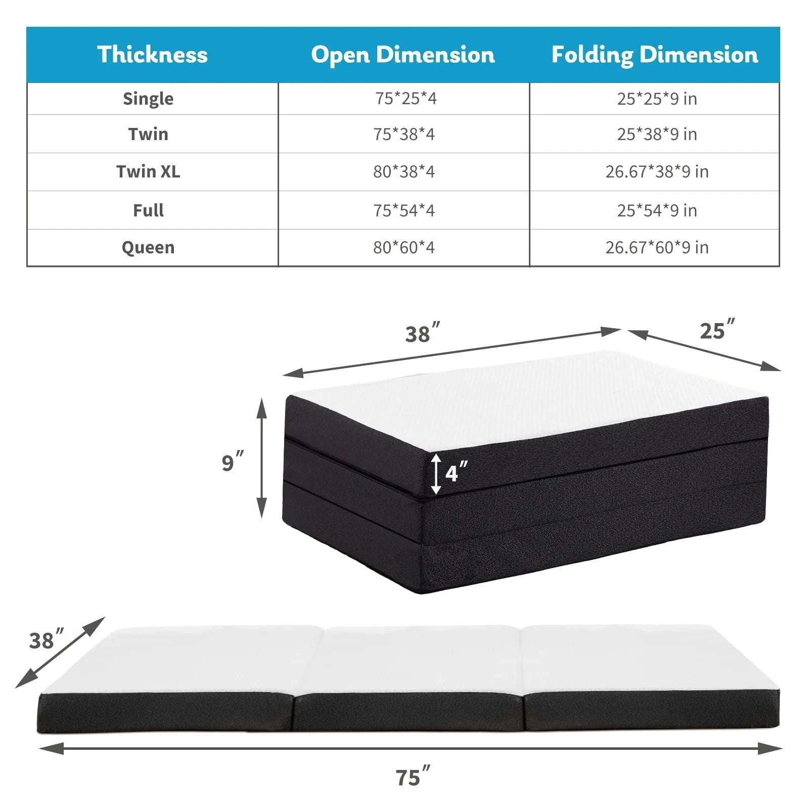 Tri-Fold Memory Foam Mattress with Washable Cover for Travel-3IN-FULL / United States