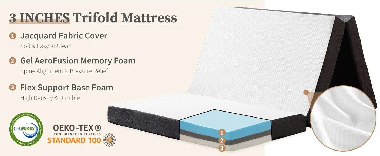 Tri-Fold Memory Foam Mattress with Washable Cover for Travel-3IN-FULL / United States