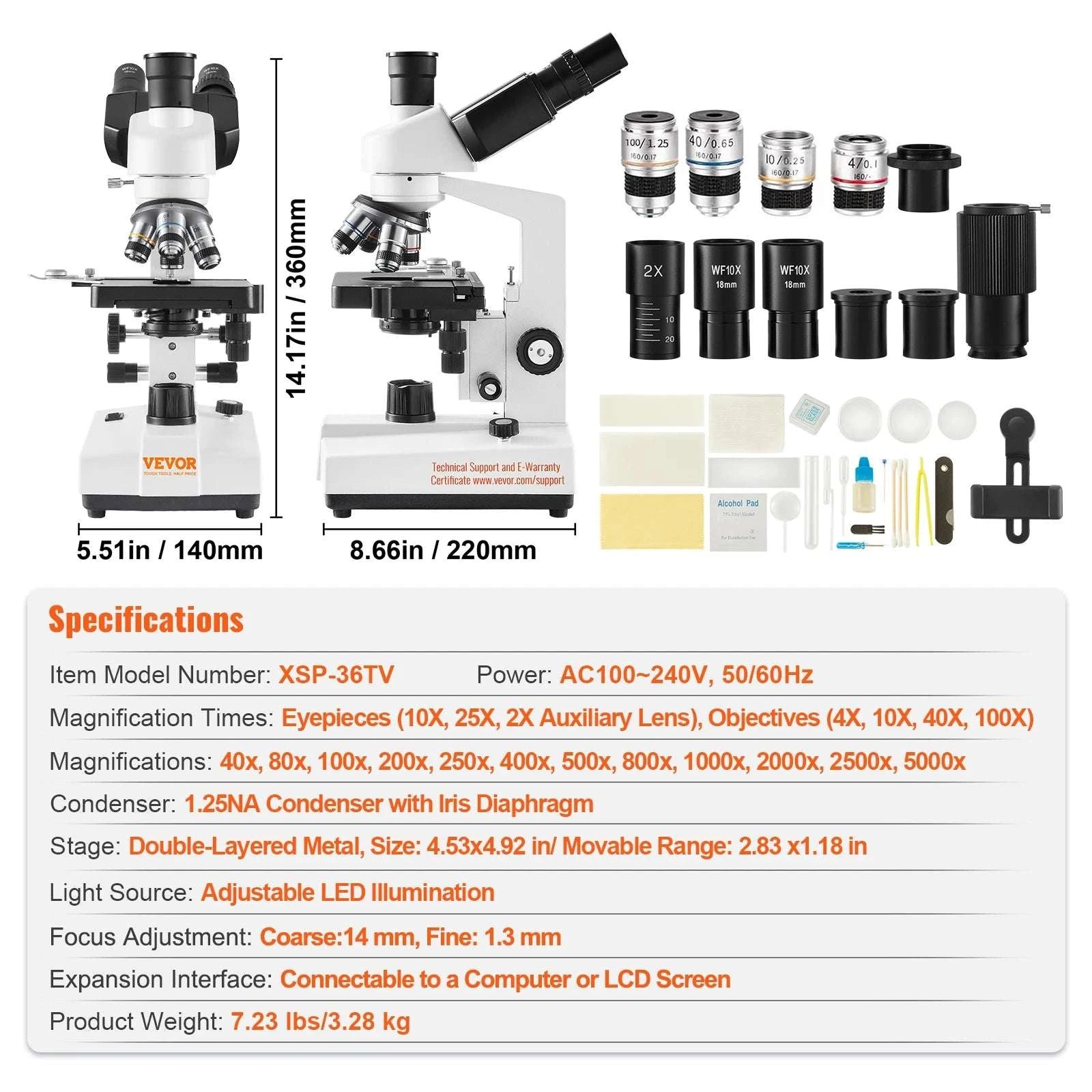 Trinocular Compound Microscope 40X–5000X with LED & PC Interface-Trinocular / 40X-5000X / United States