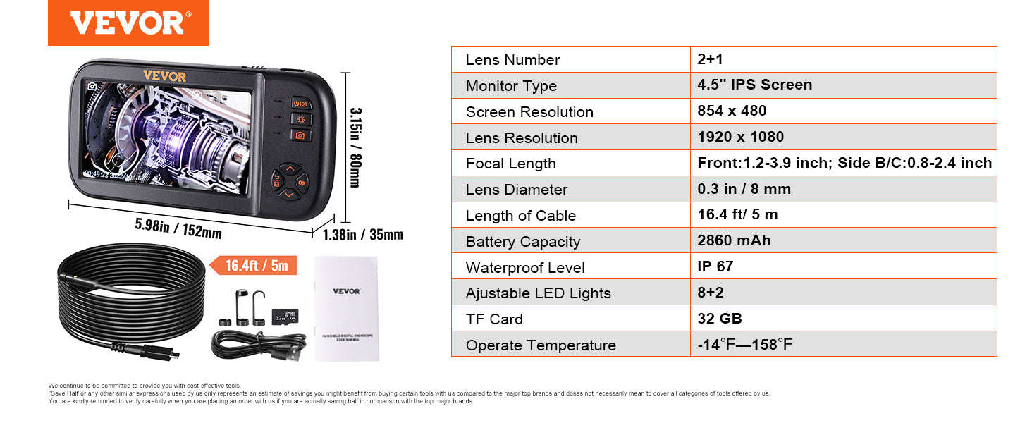 Triple Lens Borescope Camera 1080P with 4.5" Screen & 16.4ft Cable-france