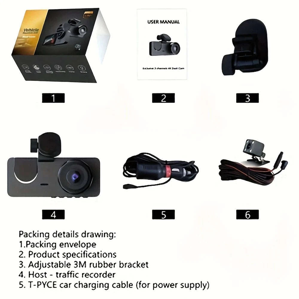 Triple Lens Dashcam WiFi 3‑Channel 1080P HD Recorder-X94-WIFI-3CAM / 64G