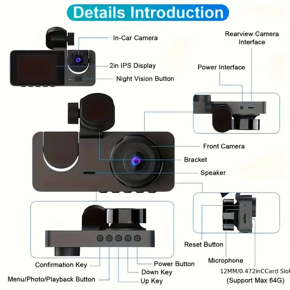 Triple Lens Dashcam WiFi 3‑Channel 1080P HD Recorder-X94-WIFI-3CAM / 64G
