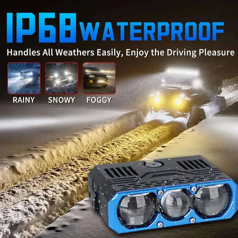 Triple Lens LED Spotlight Headlight for Car Motorcycle SUV ATV-6000K Cold White