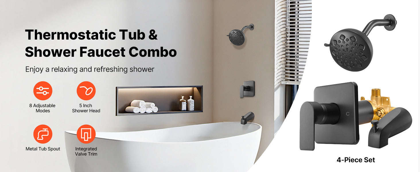 Tub and Shower Faucet Set 5 Inch 8-Setting Single Handle-Matte Black / United States