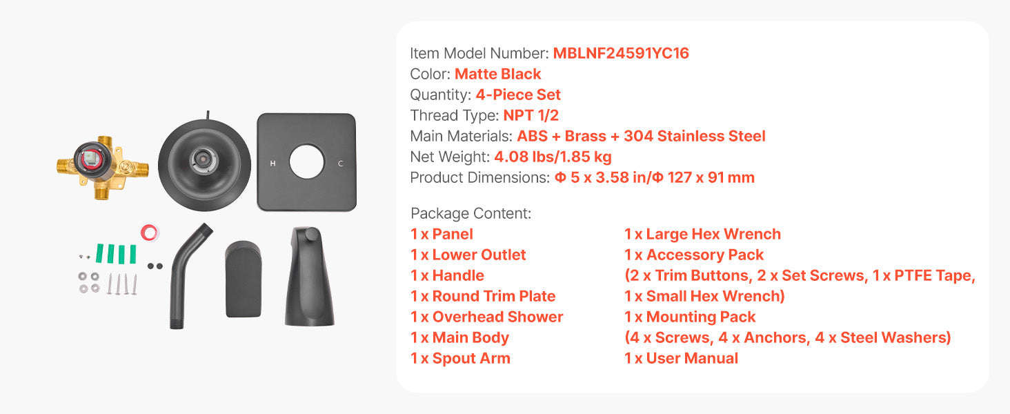 Tub and Shower Faucet Set 5 Inch 8-Setting Single Handle-Matte Black / United States