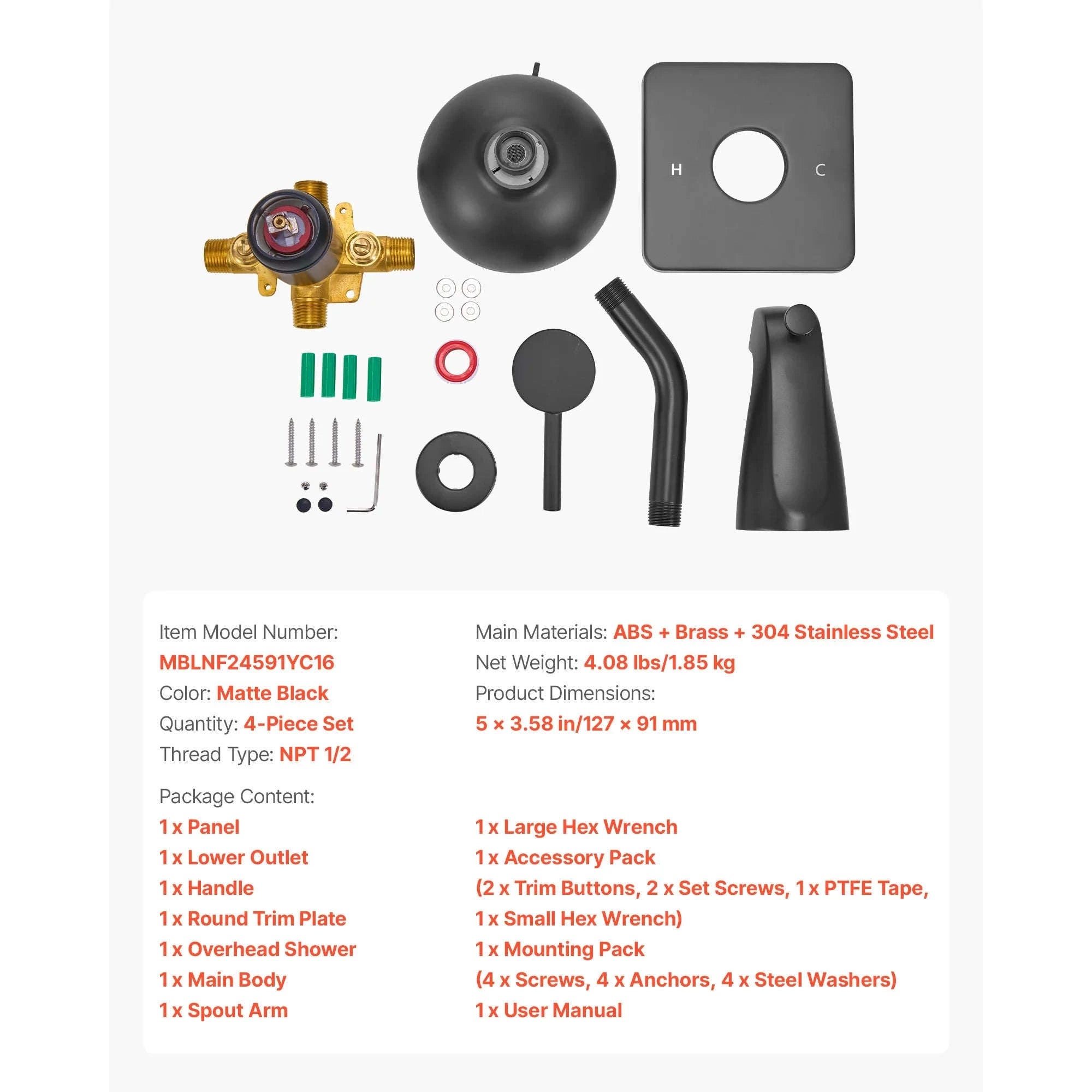 Tub and Shower Faucet Set 5 Inch 8-Setting Single Handle-Matte Black / United States