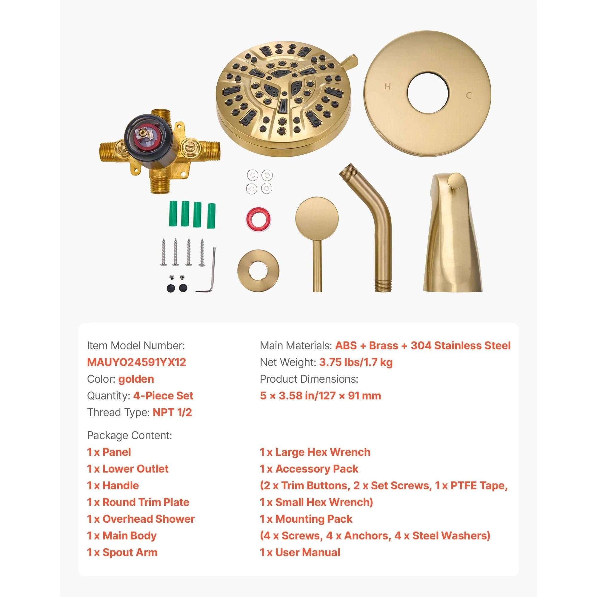Tub & Shower Faucet Set with Rainfall Head and Pressure Balance Valve-4.72inch / United States