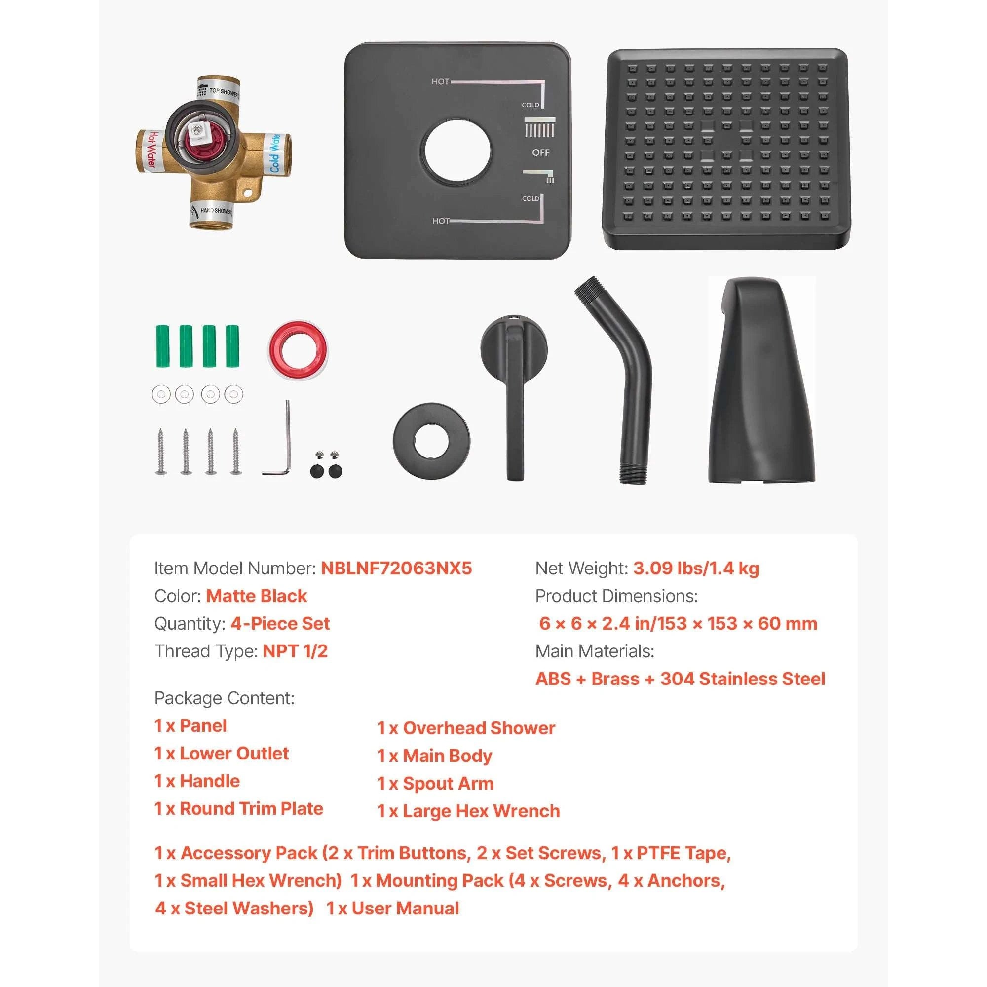 Tub & Shower Faucet Set with Rainfall Head and Pressure Balance Valve-4.72inch / United States