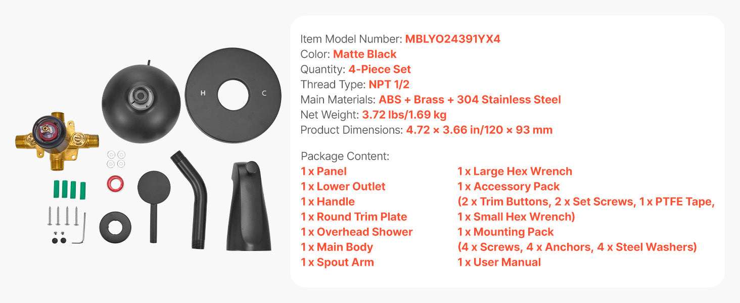 Tub & Shower Faucet Set with Rainfall Head and Pressure Balance Valve-4.72inch / United States