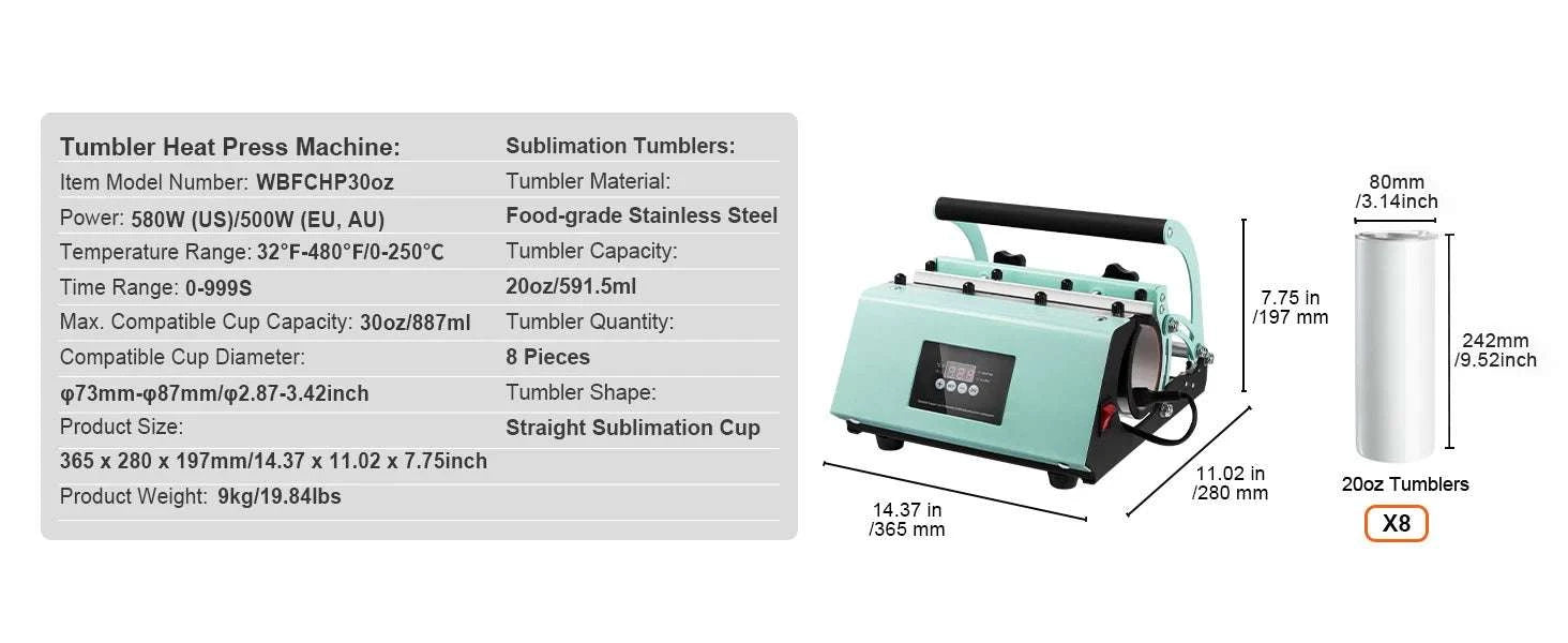 Tumbler Heat Press Machine with 8pcs 20oz Sublimation Tumblers Set-light green / CZECH REPUBLIC