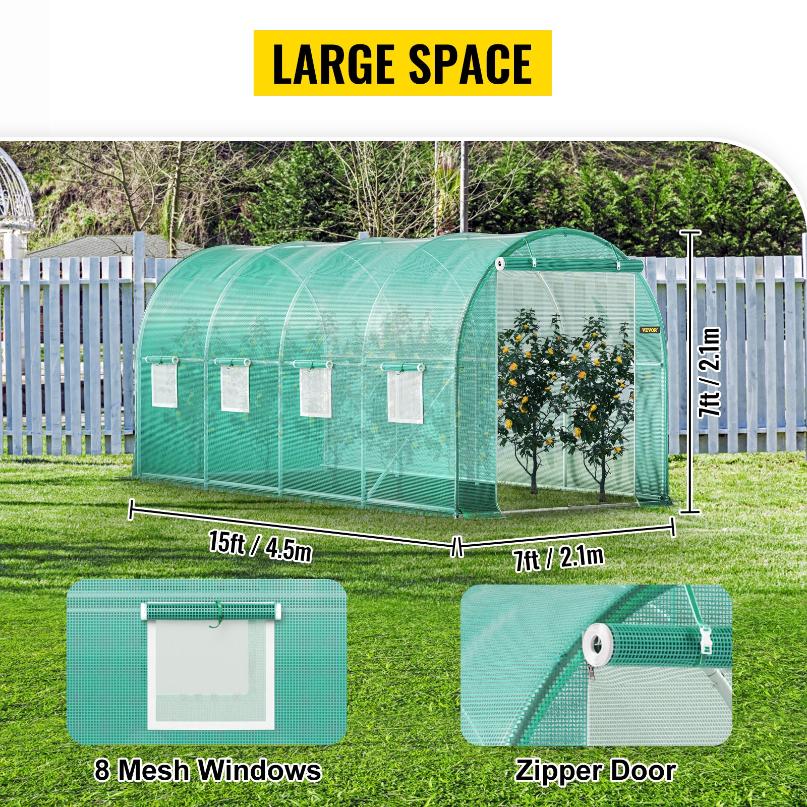 SucceBuy seră tubulară de trecere 20x10x7/15x7x7 ft pentru plante, cu adăpost de tip casă fierbinte, cadrul din oțel galvanizat, 3 brațe superioare și 2 uși cu fermoar