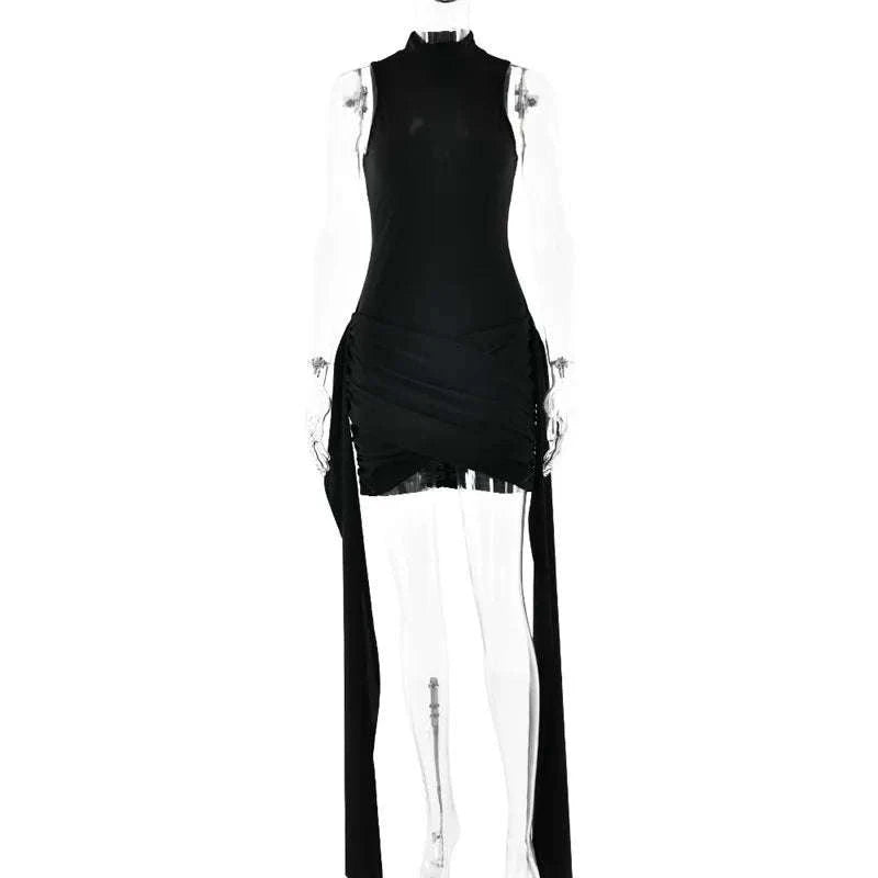 Turtleneck Sleeveless Mini Dress-Brown / S