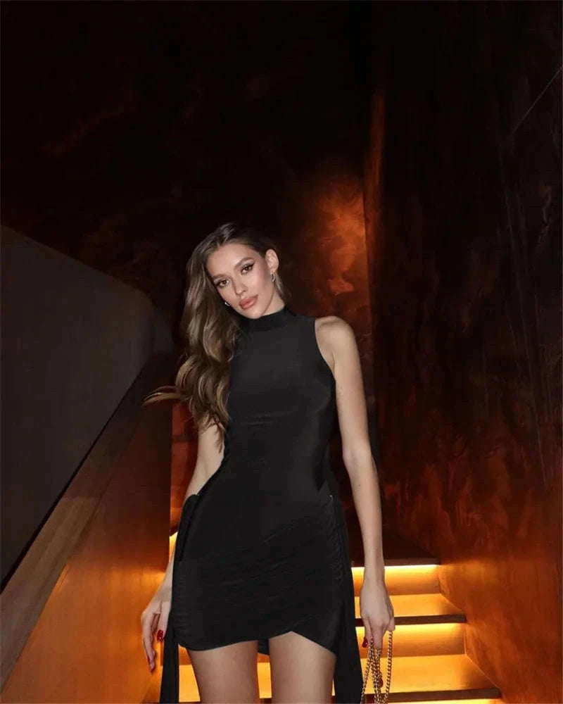 Turtleneck Sleeveless Mini Dress with Ruched Sides-Brown / S