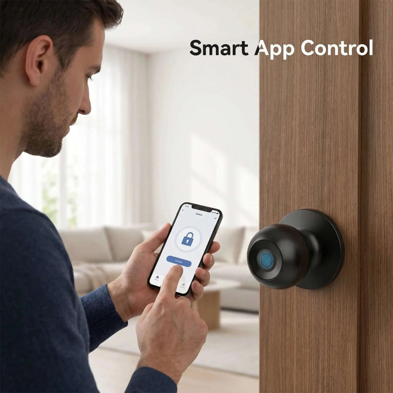 Tuya Smart Fingerprint Door Knob Lock WiFi App Remote Control Keyless Entry Smart Door Lock Temporary Password Unlock Biometric Round Knob Lock for Bedroom Apartment Office-United States
