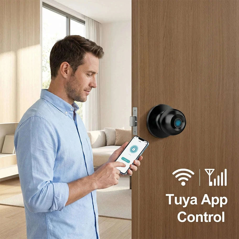 Tuya Smart Fingerprint Door Knob Lock WiFi App Remote Control Keyless Entry Smart Door Lock Temporary Password Unlock Biometric Round Knob Lock for Bedroom Apartment Office-United States