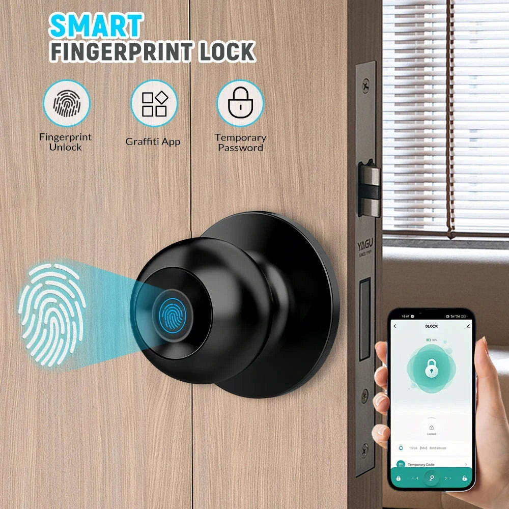 Tuya Smart Fingerprint Door Knob Lock WiFi App Remote Control Keyless Entry Smart Door Lock Temporary Password Unlock Biometric Round Knob Lock for Bedroom Apartment Office-United States