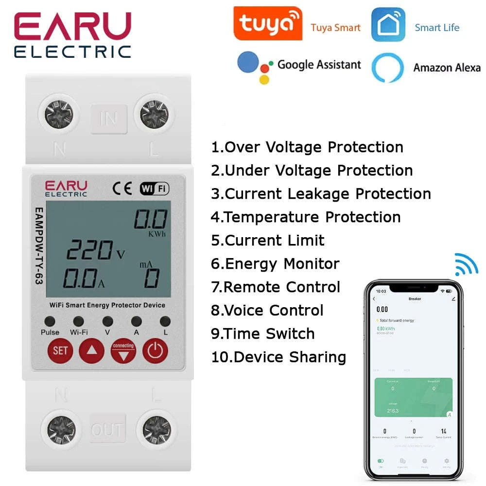 TUYA WiFi Smart Earth Leakage Over Under Voltage Protector-Default Title