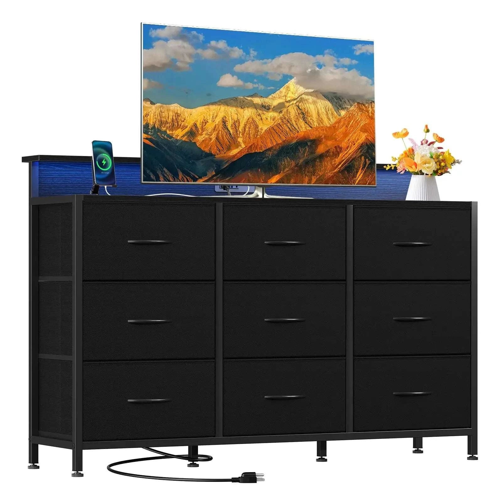 TV Stand Dresser with 9 Drawers, LED Lights & Charging Station-Chocolate / United States