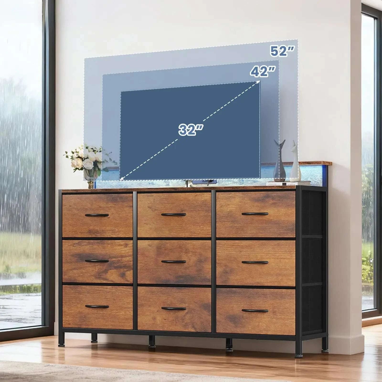 TV Stand Dresser with 9 Drawers, LED Lights & Charging Station-Chocolate / United States
