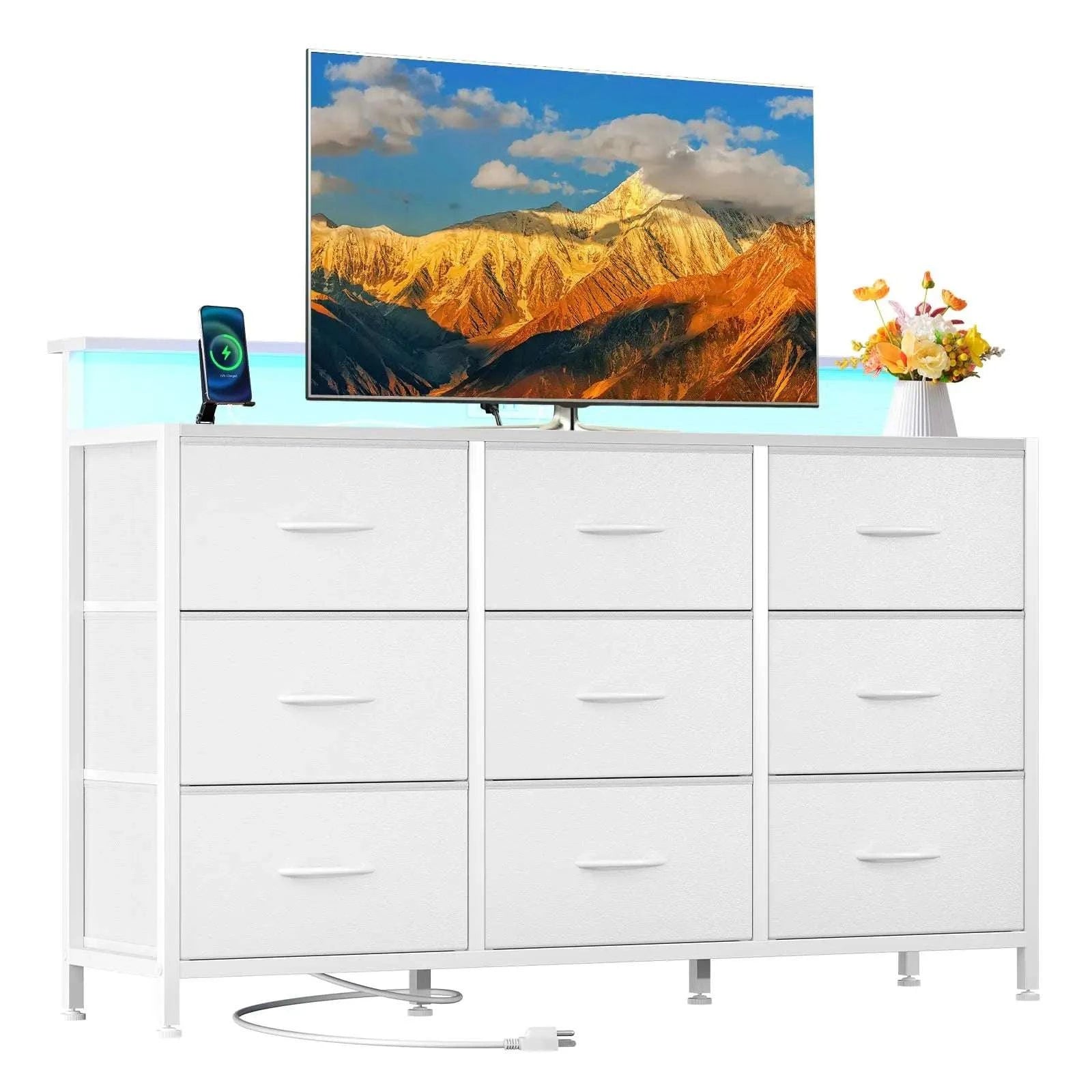TV Stand Dresser with 9 Drawers, LED Lights & Charging Station-Chocolate / United States