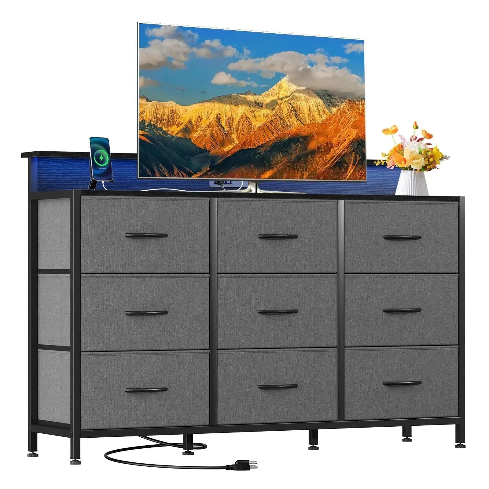 TV Stand Dresser with 9 Drawers, LED Lights & Charging Station-Chocolate / United States