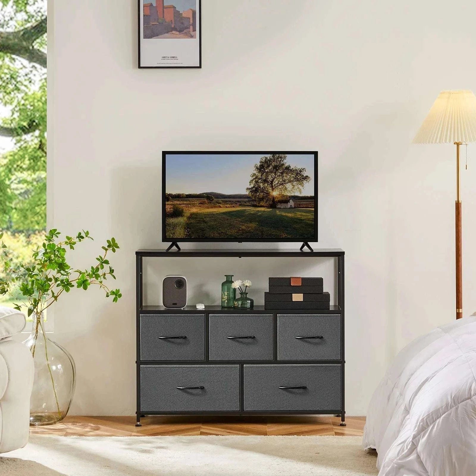 TV Stand with 5 Fabric Drawers Storage Dresser for Bedroom-GRAY / United States