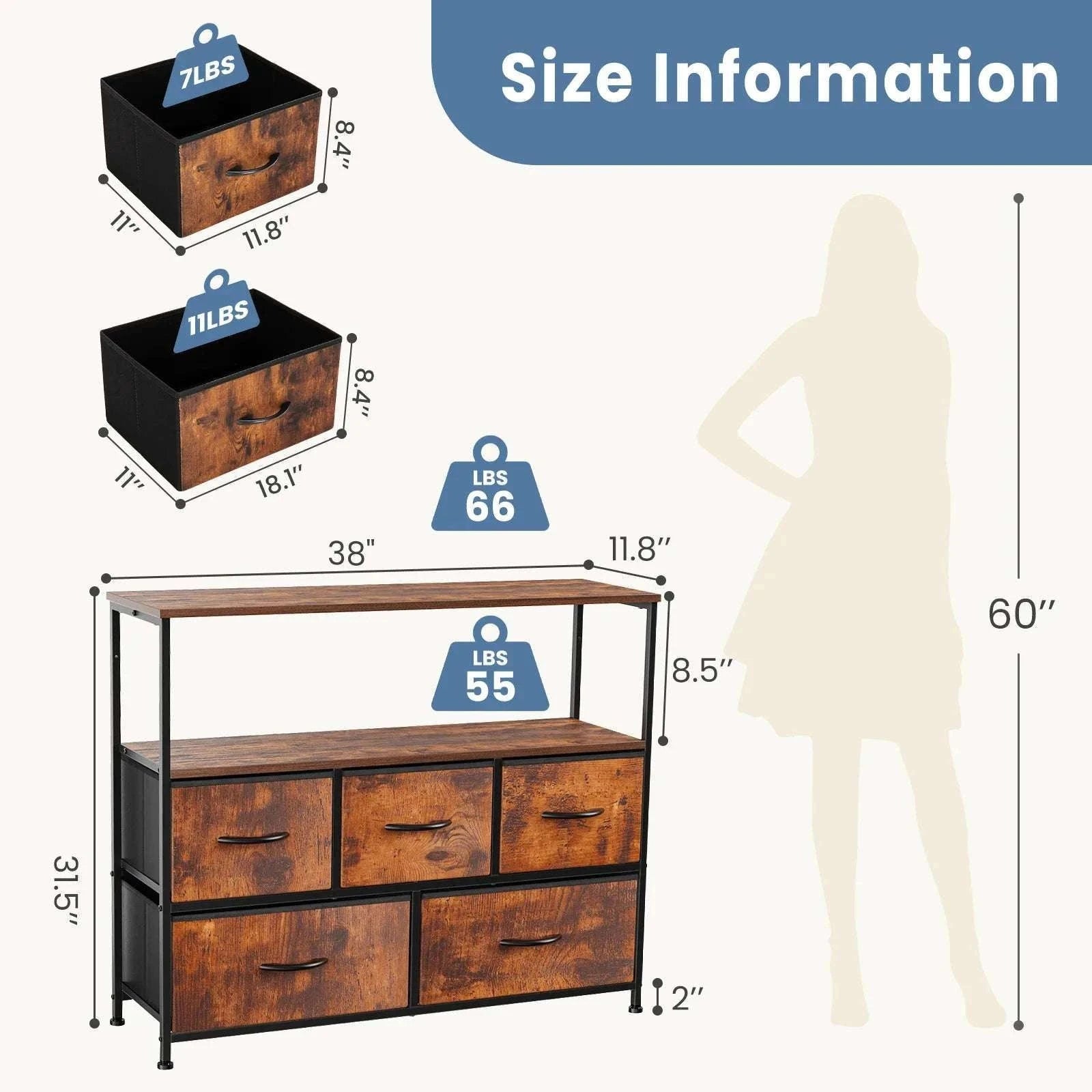 TV Stand with 5 Fabric Drawers Storage Dresser for Bedroom-GRAY / United States