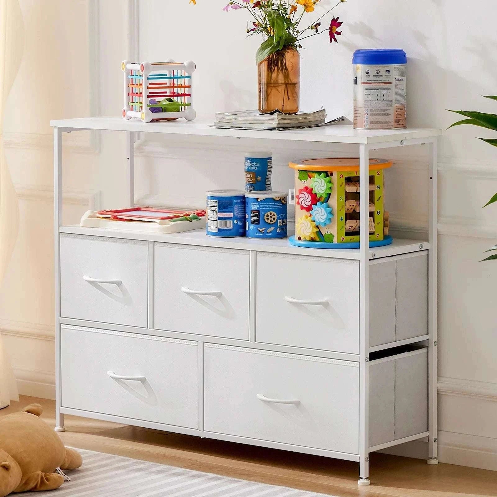 TV Stand with 5 Fabric Drawers Storage Dresser for Bedroom-GRAY / United States