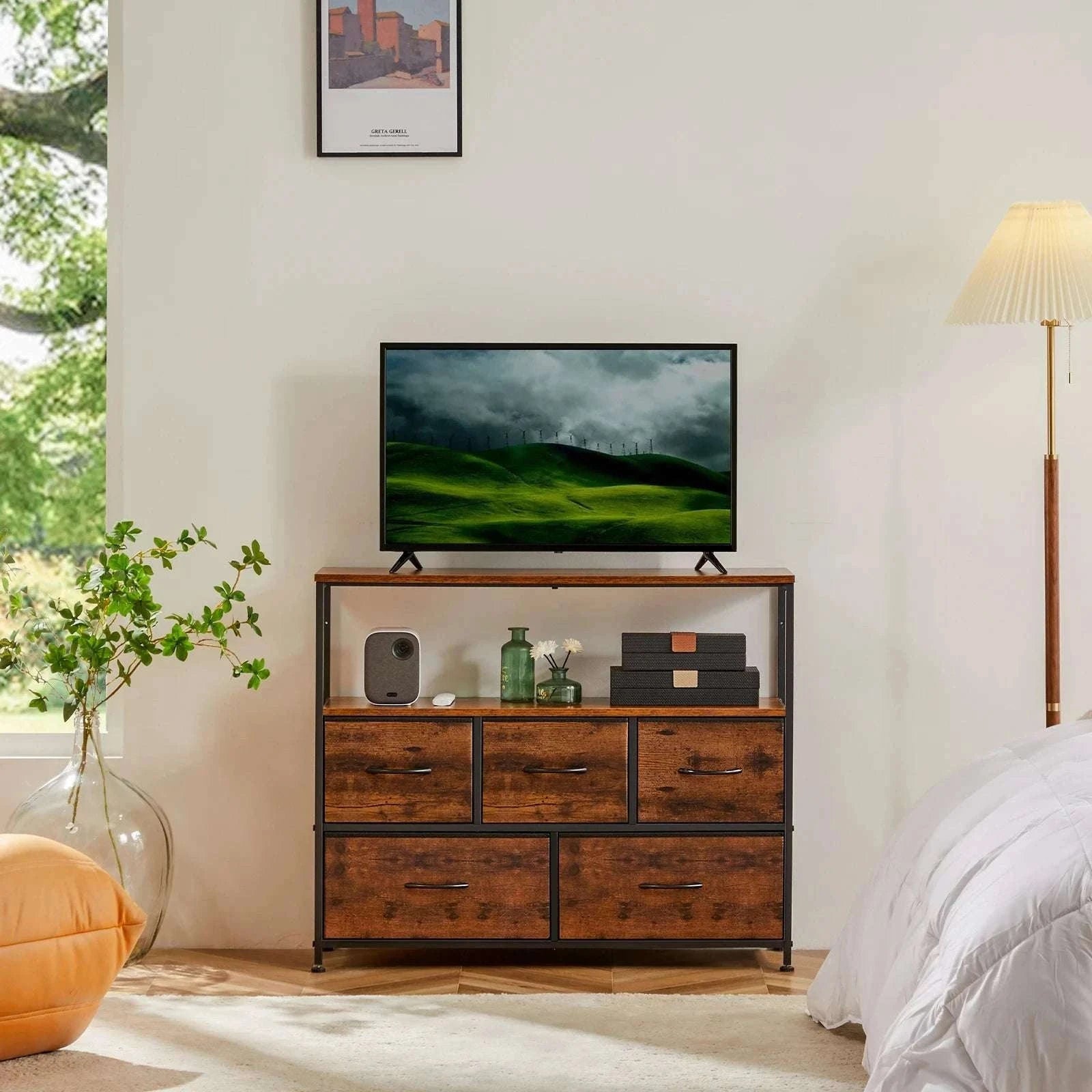 TV Stand with 5 Fabric Drawers Storage Dresser for Bedroom-GRAY / United States
