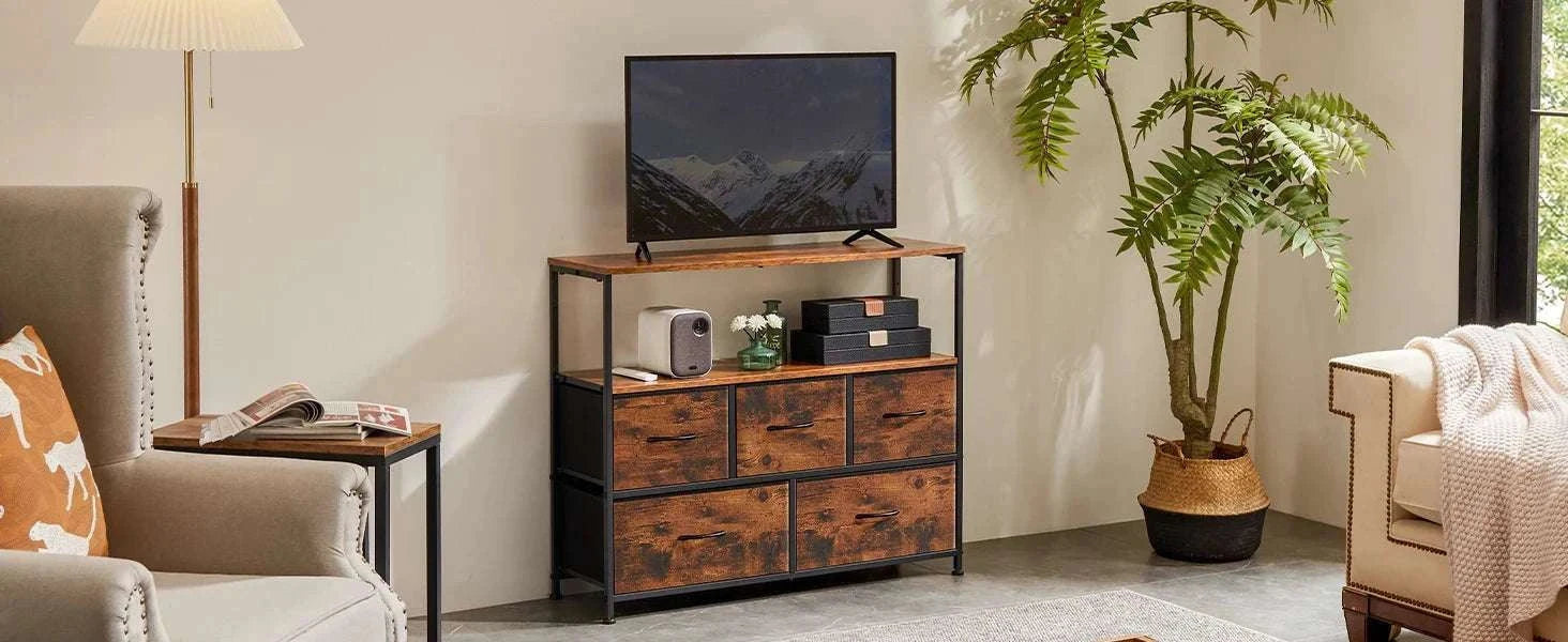 TV Stand with 5 Fabric Drawers Storage Dresser for Bedroom-GRAY / United States