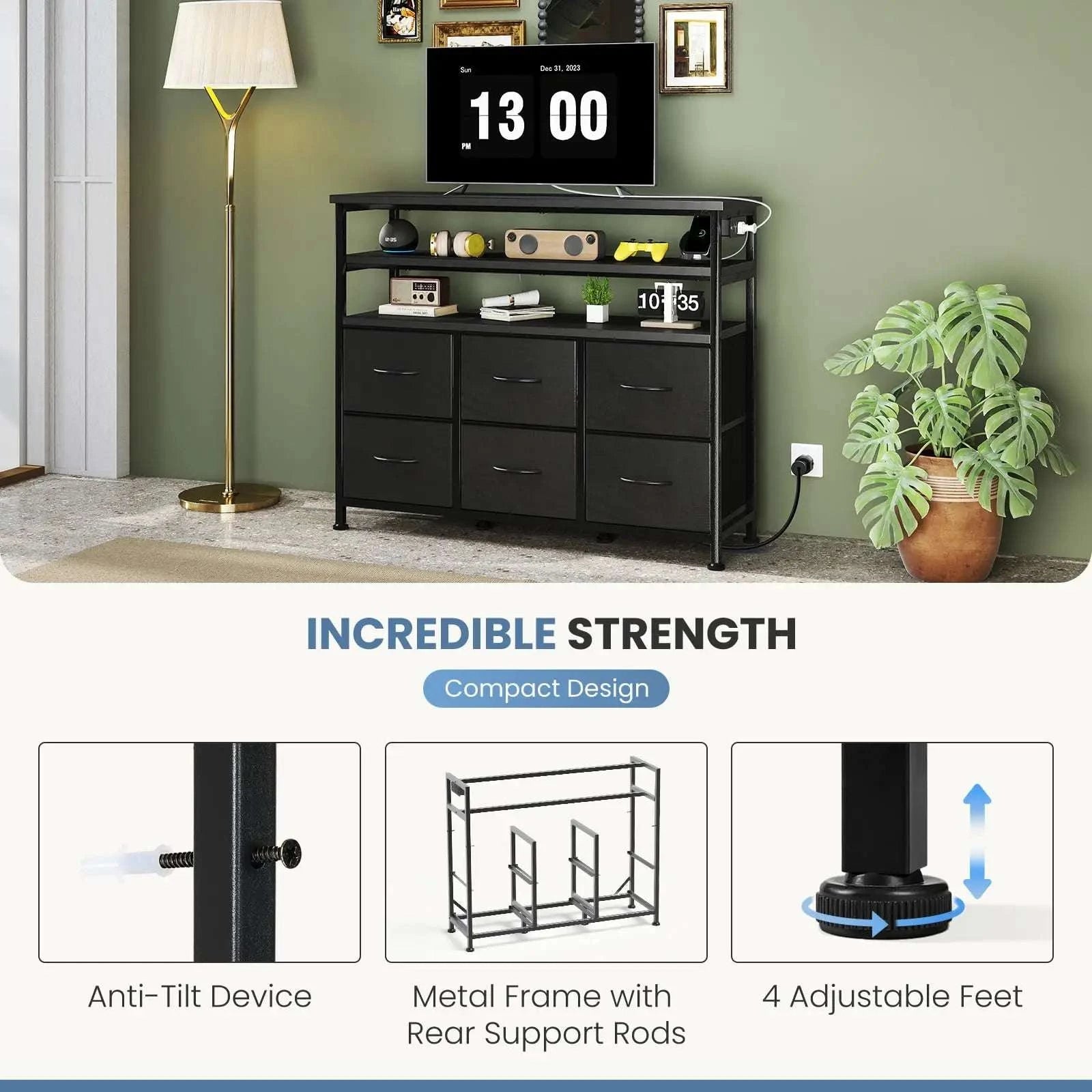 TV Stand with 6 Drawers, Charging Station & LED Lights for up to 45" TVs-WHITE / United States
