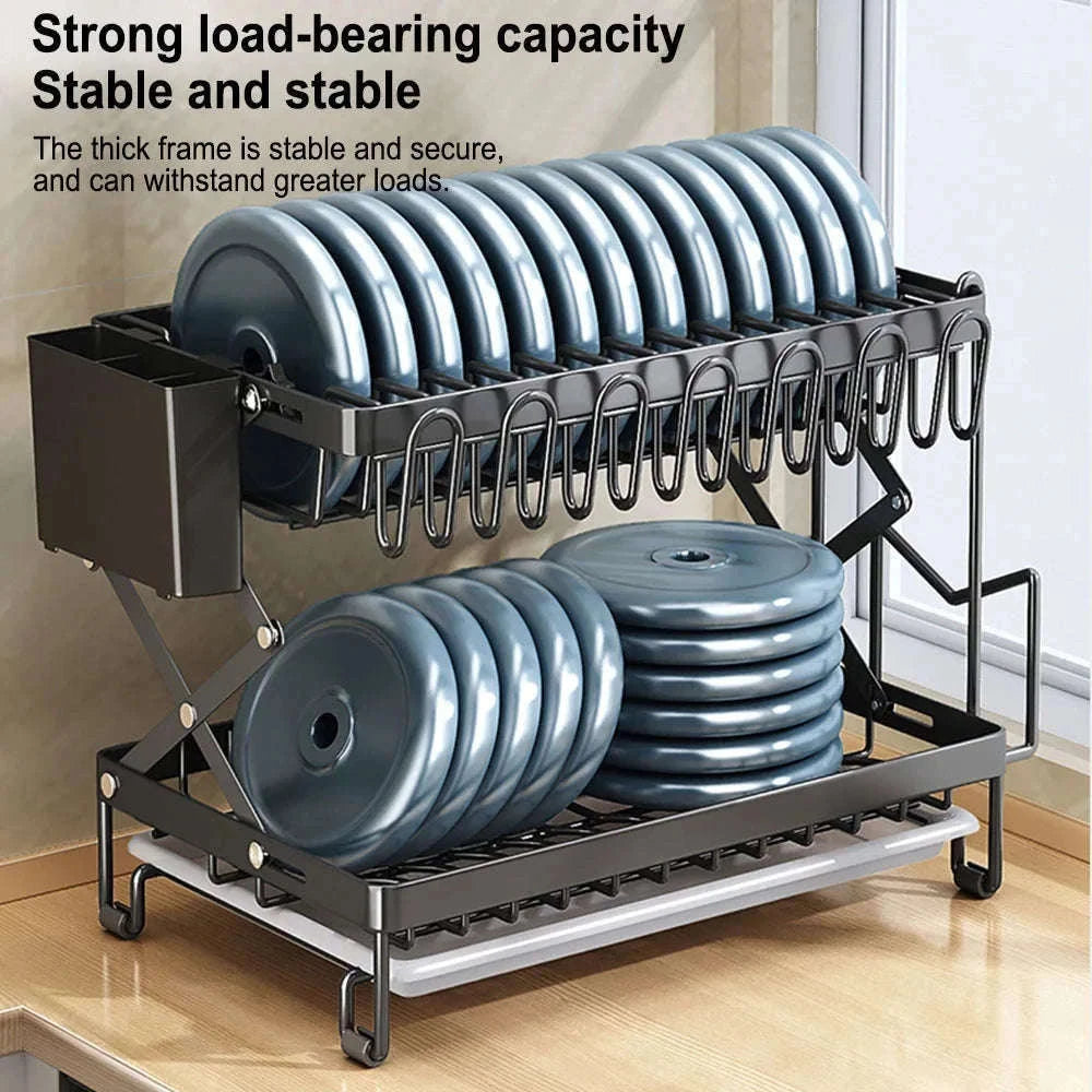 Two-Tier Foldable Over Sink Dish Rack with Utensil & Board Holder-black / france / 2-tier
