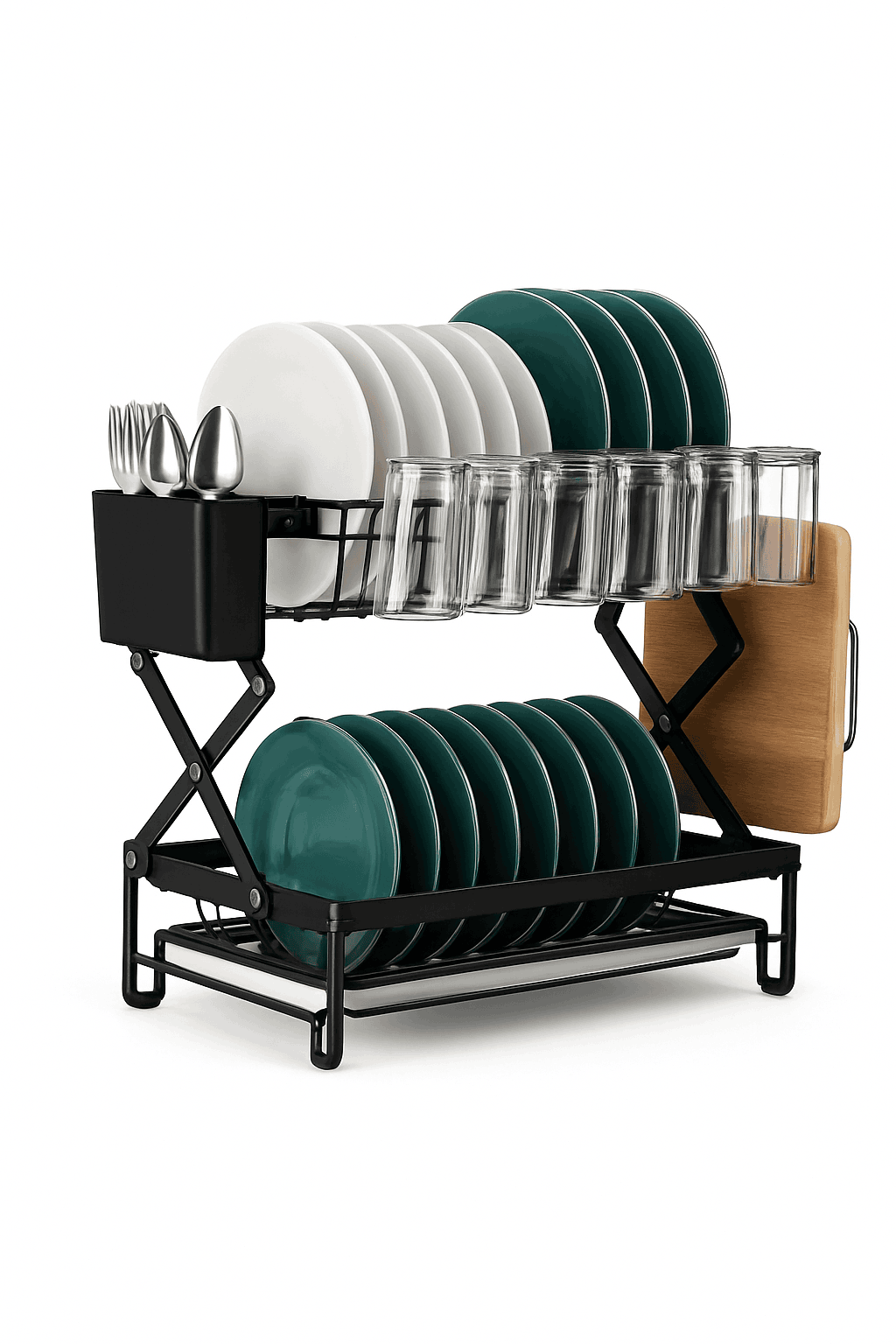Two-Tier Foldable Over Sink Dish Rack with Utensil & Board Holder-black / france / 2-tier