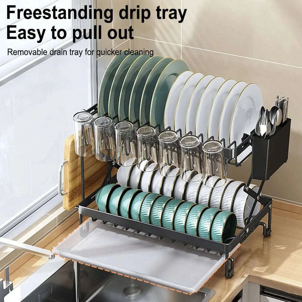 Two-Tier Foldable Over Sink Dish Rack with Utensil & Board Holder-black / france / 2-tier