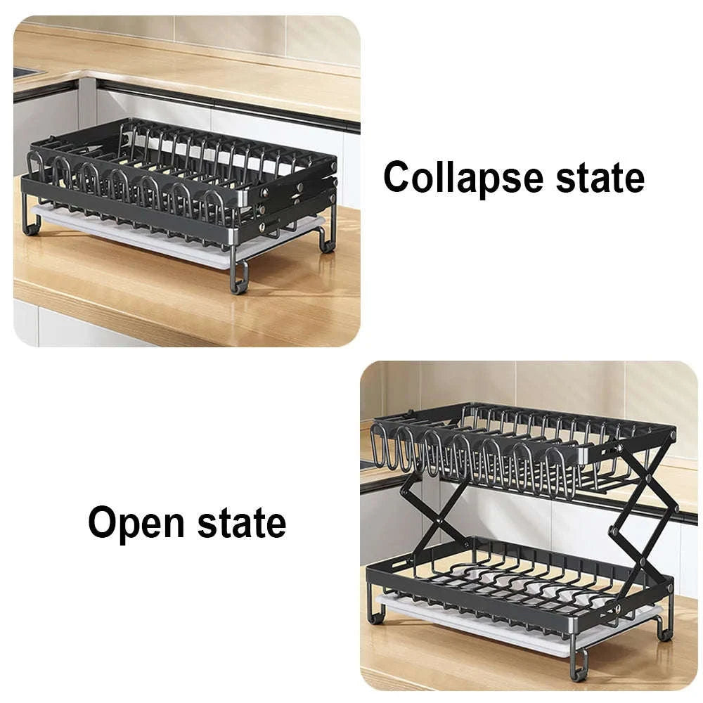 Two-Tier Foldable Over Sink Dish Rack with Utensil & Board Holder-black / france / 2-tier