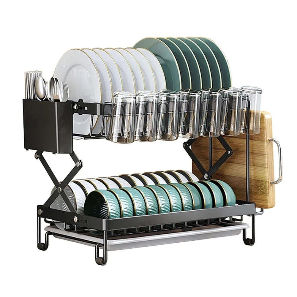 Two-Tier Foldable Over Sink Dish Rack with Utensil & Board Holder-black / france / 2-tier