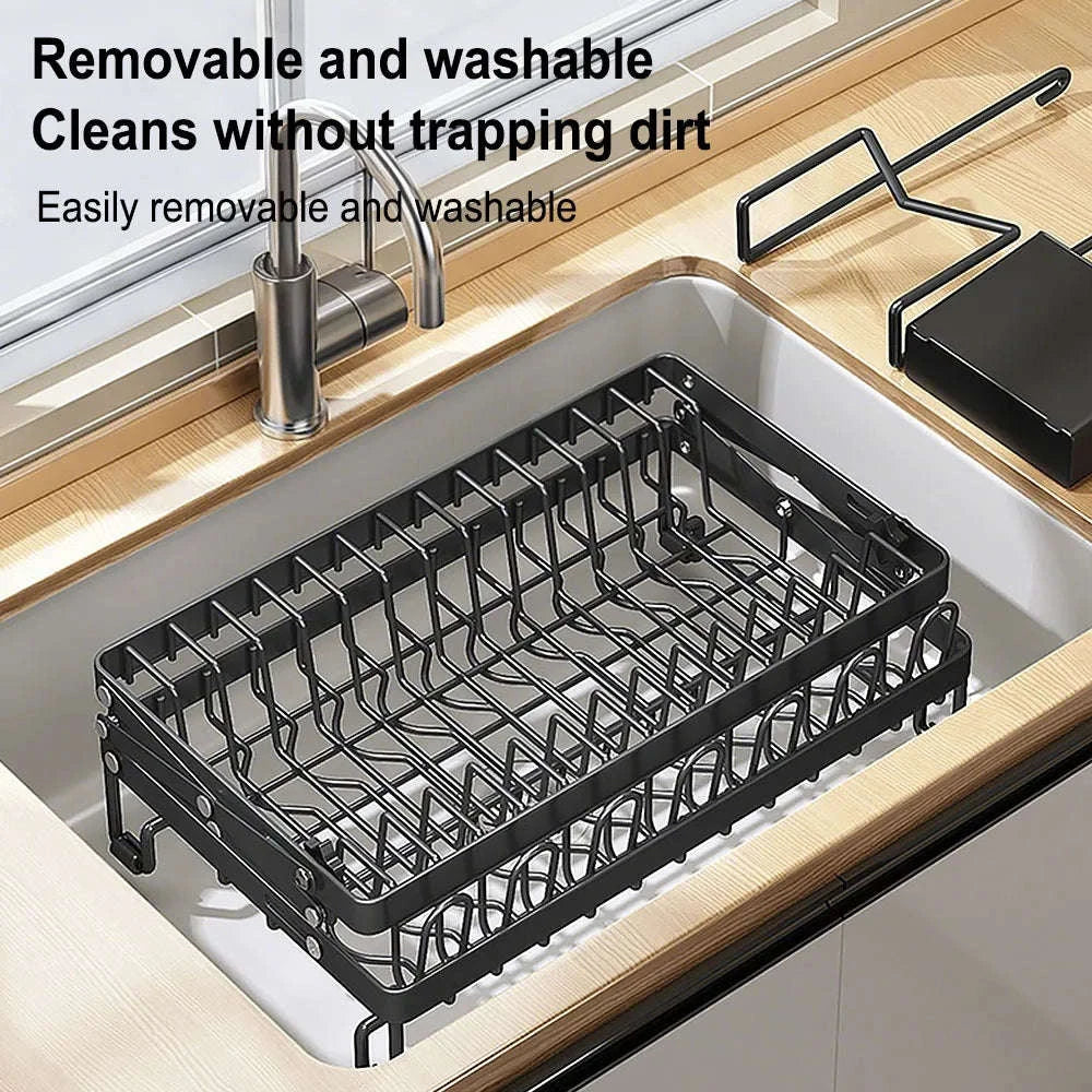 Two-Tier Foldable Over Sink Dish Rack with Utensil & Board Holder-black / france / 2-tier