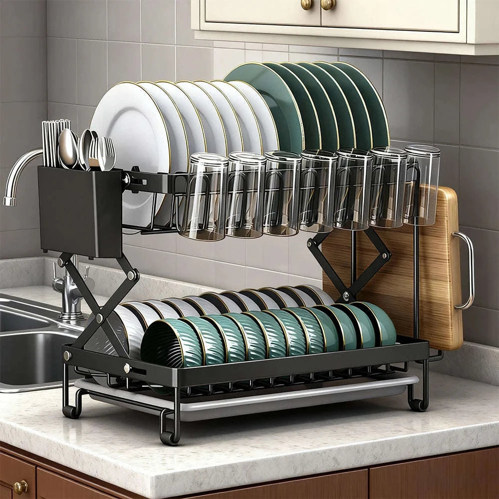 Two-Tier Foldable Over Sink Dish Rack with Utensil & Board Holder-black / france / 2-tier