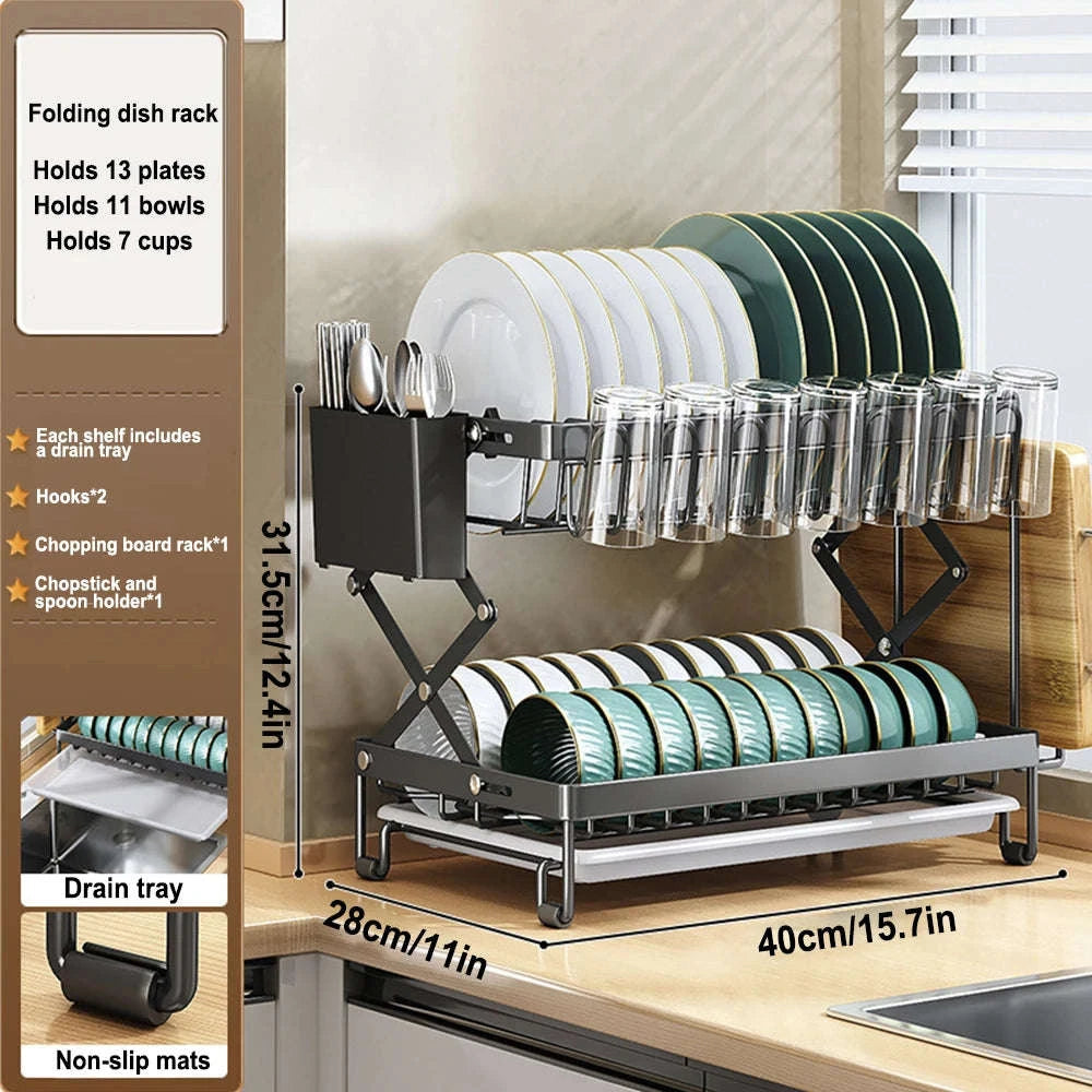 Two-Tier Foldable Over Sink Dish Rack with Utensil & Board Holder-black / france / 2-tier