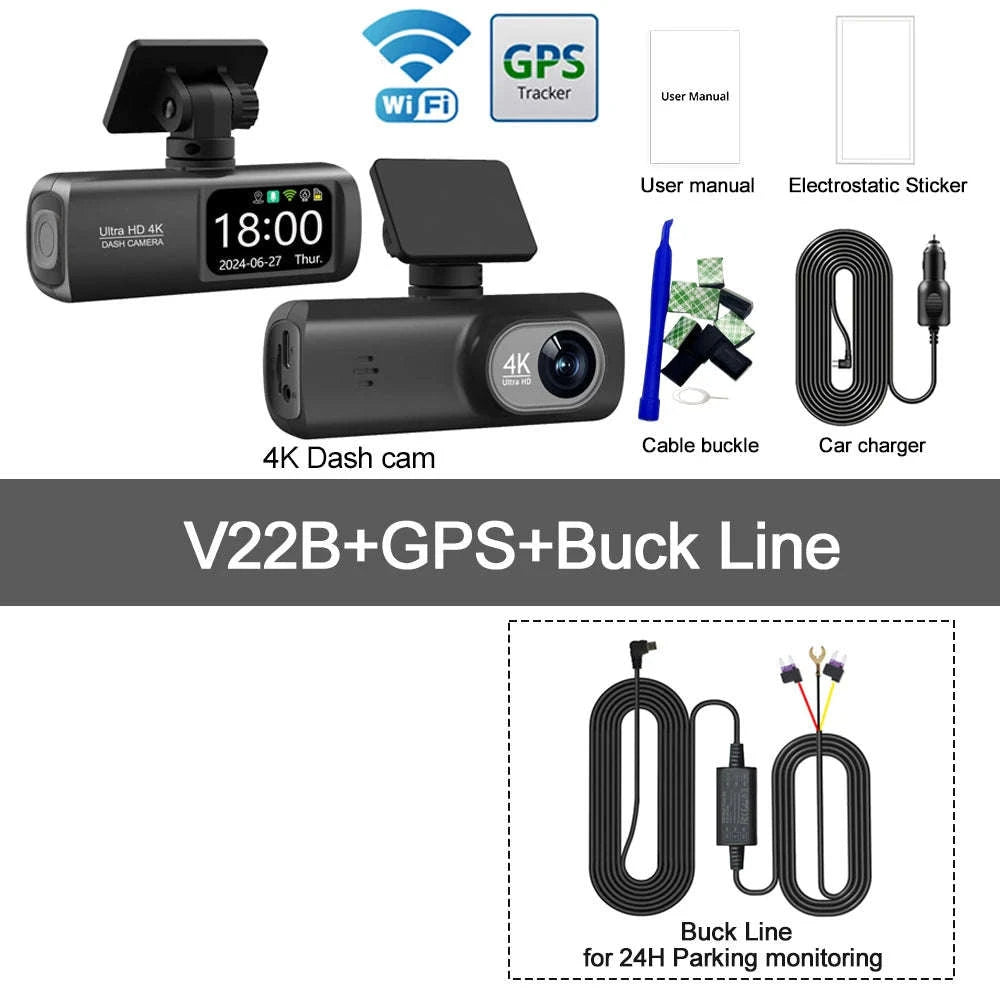UHD 4K WiFi Dash Cam Dual Lens Car DVR with GPS & 24H Parking Monitor-V22B-GPS / 32G