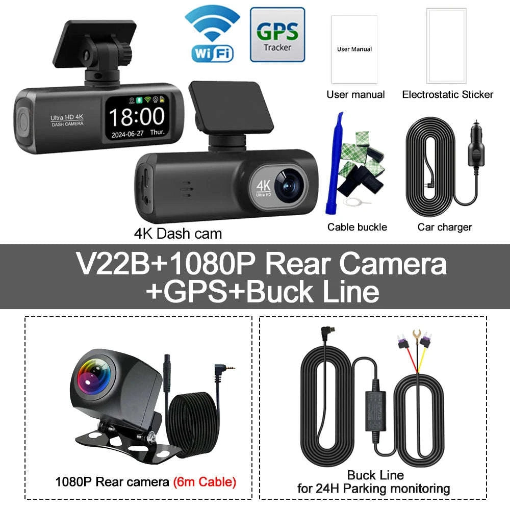 UHD 4K WiFi Dash Cam Dual Lens Car DVR with GPS & 24H Parking Monitor-V22B-GPS / 32G