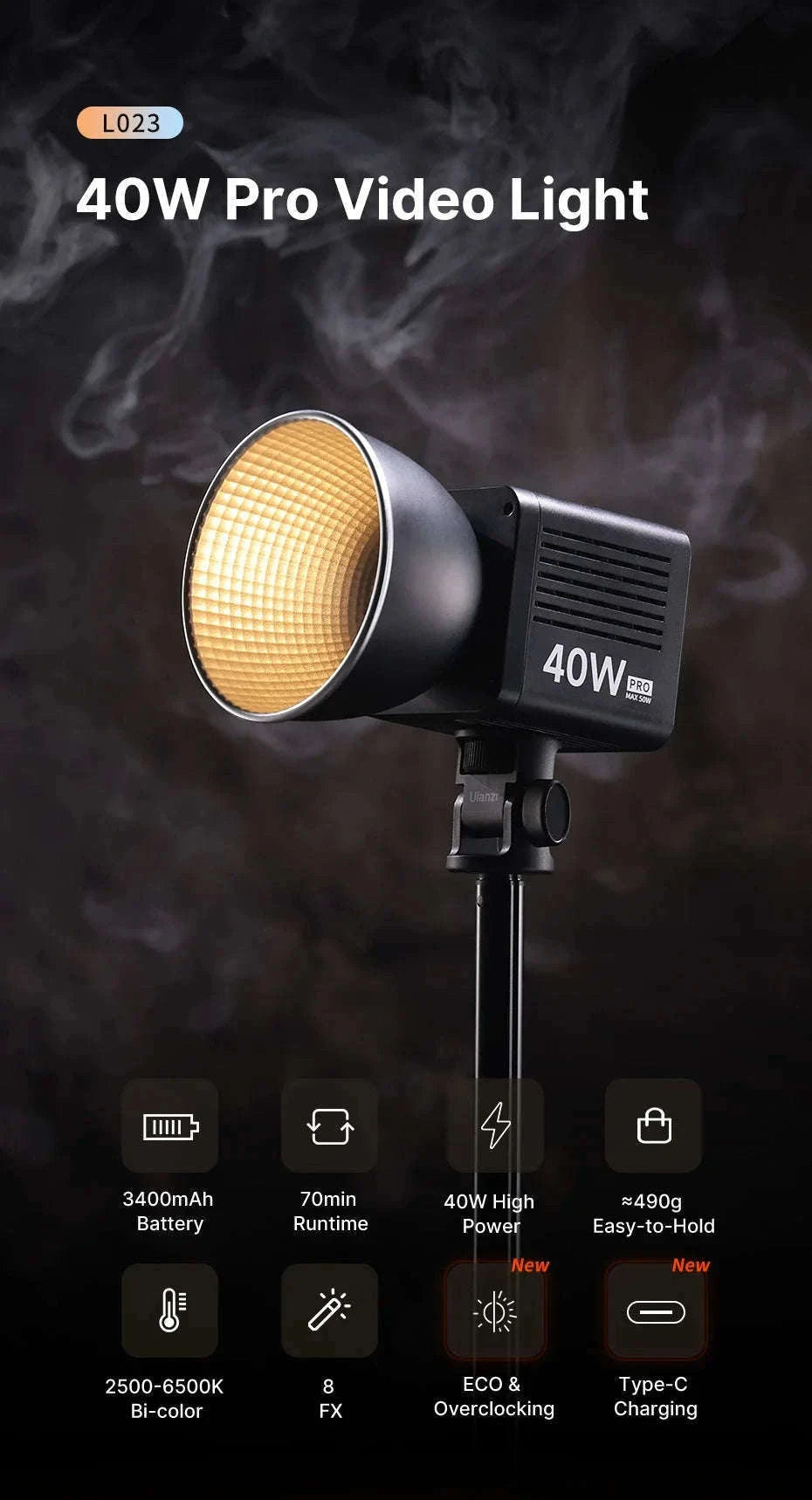 Ulanzi L023 40W Pro Portable LED Video Light-Without charger / brazil