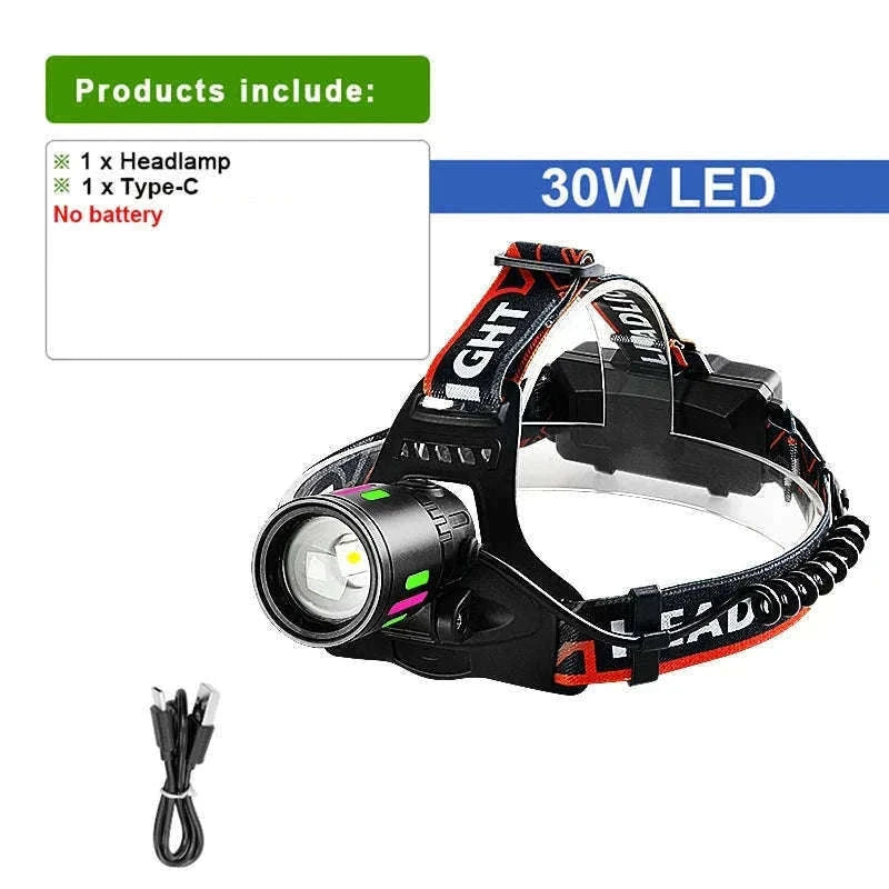 Ultra-Bright LED Headlamp with Zoom, Waterproof, Rechargeable-B-18650 battery